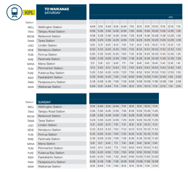 Evening timetable for Saturday and Sunday, Kāpiti line "Evening timetable for Saturday and Sunday, Kāpiti line"